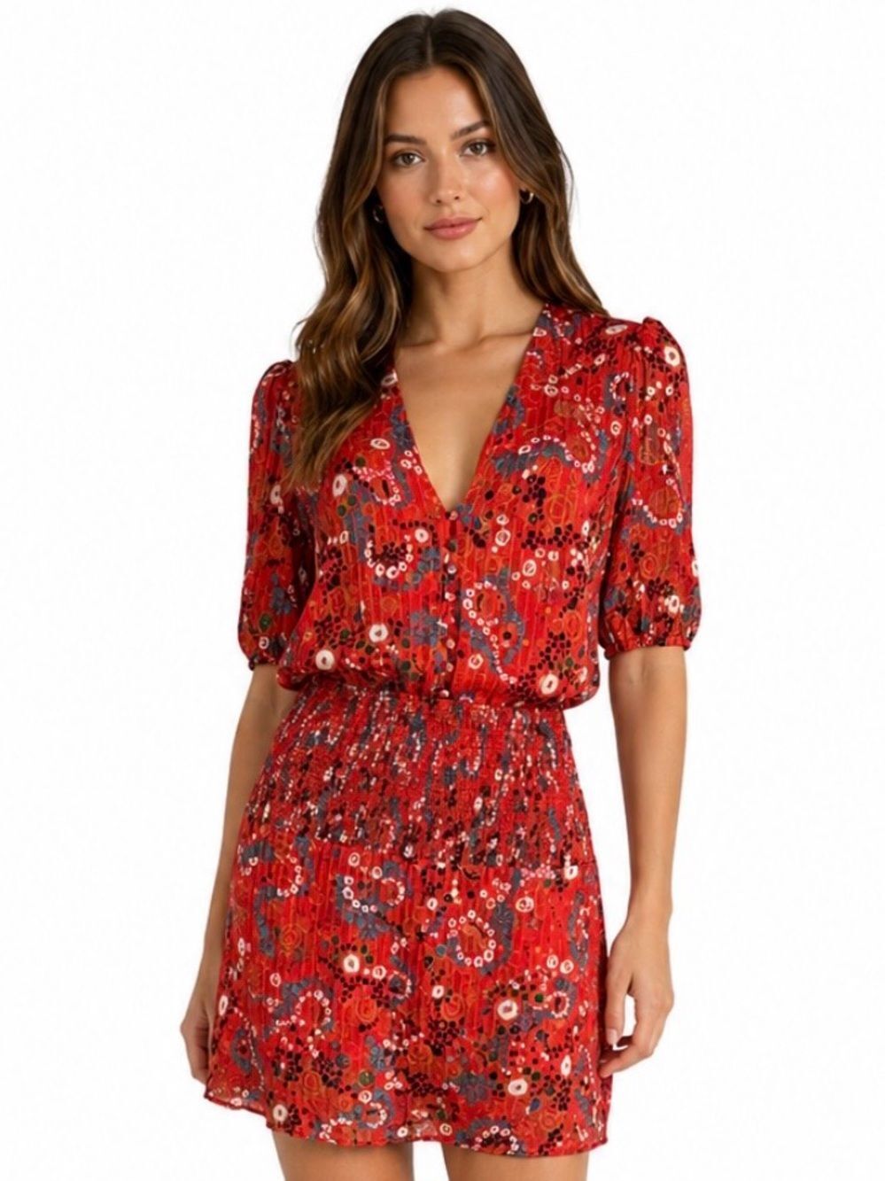 RIXO Maya Red Floral V-Neck Mini Dress Size S
